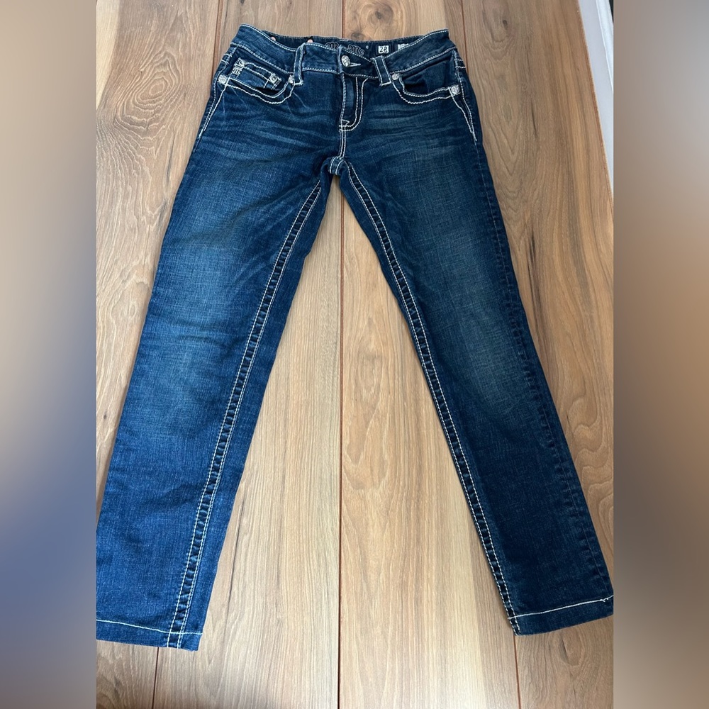 Miss Me Dark wash denim jeans size 28 embroidered “L” on back pocket